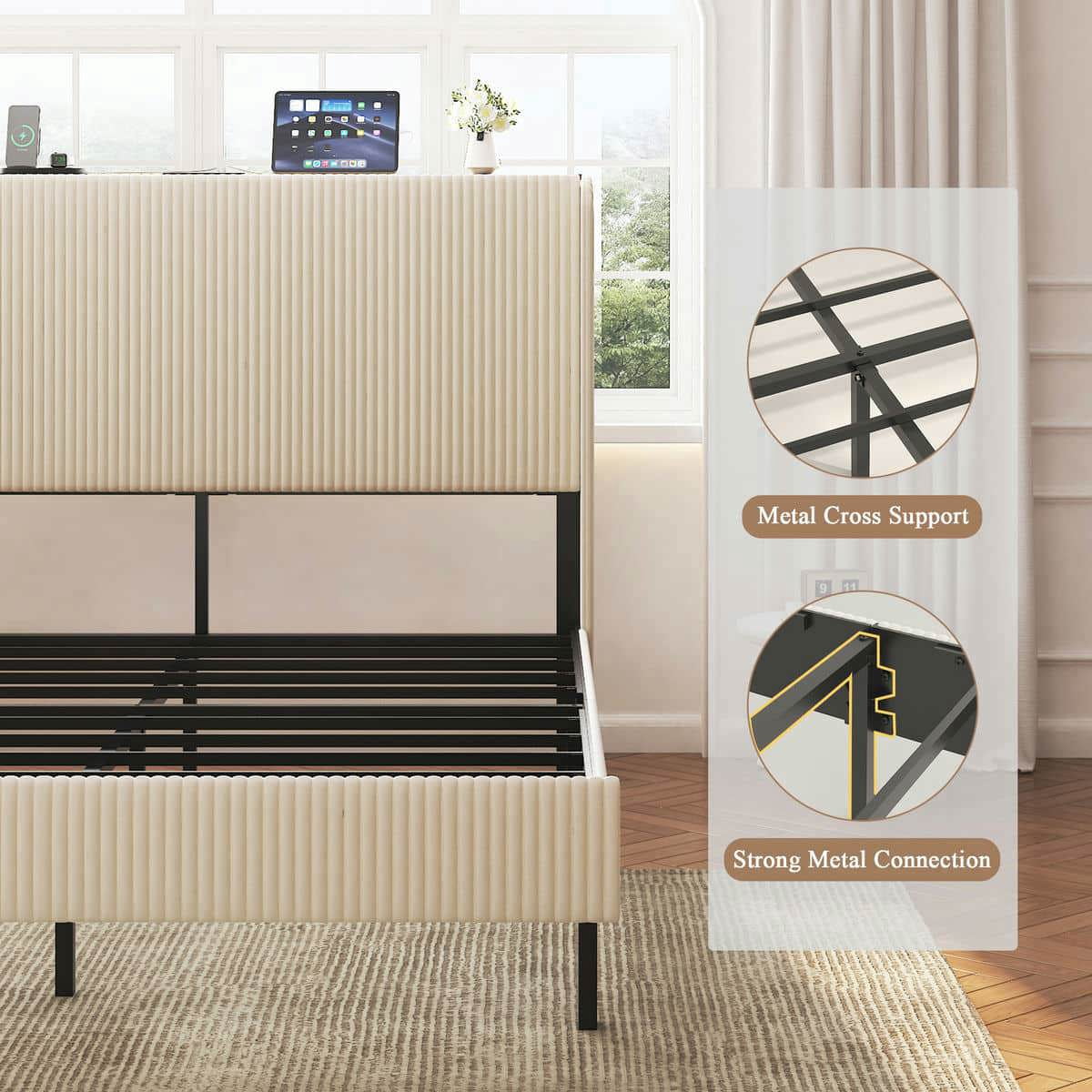 Barara King Bedroom Bed Frame, Bed Platform Frame,Queen Size Platform Bed, Metal Bed Frame with Charging Station, No Box Spring Needed, Beige
