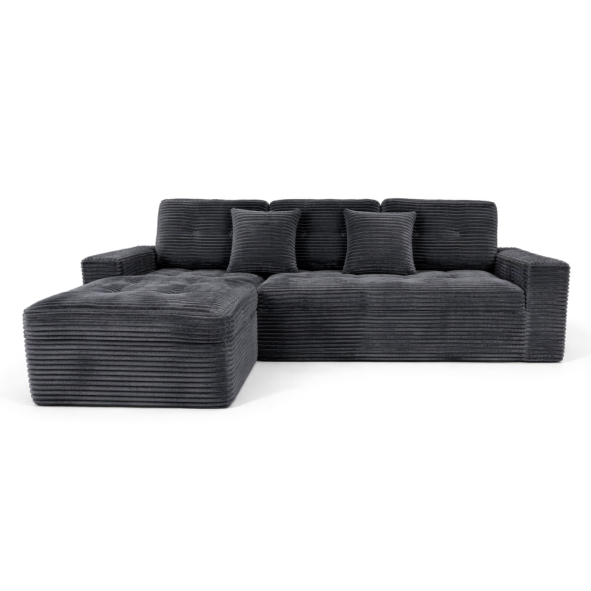 Compressed Pure Foam Boneless Sofa Set with Ottoman, Upholstered Faux Fur Tufted Couch, 3-Seater Floor Sectional Sofa