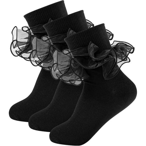HNYG 3 Pairs Girls Ruffle Socks, Double Lace Turn Cuff Socks, Pageant Socks for Girls, Black Frilly Dress Socks for Infant, Toddler, Kids (XLarge)