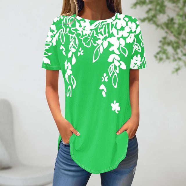 Blouses pour Femmes, Mode Féminine Vendue Manches Courtes Blouse Col Rond Hauts Décontractés