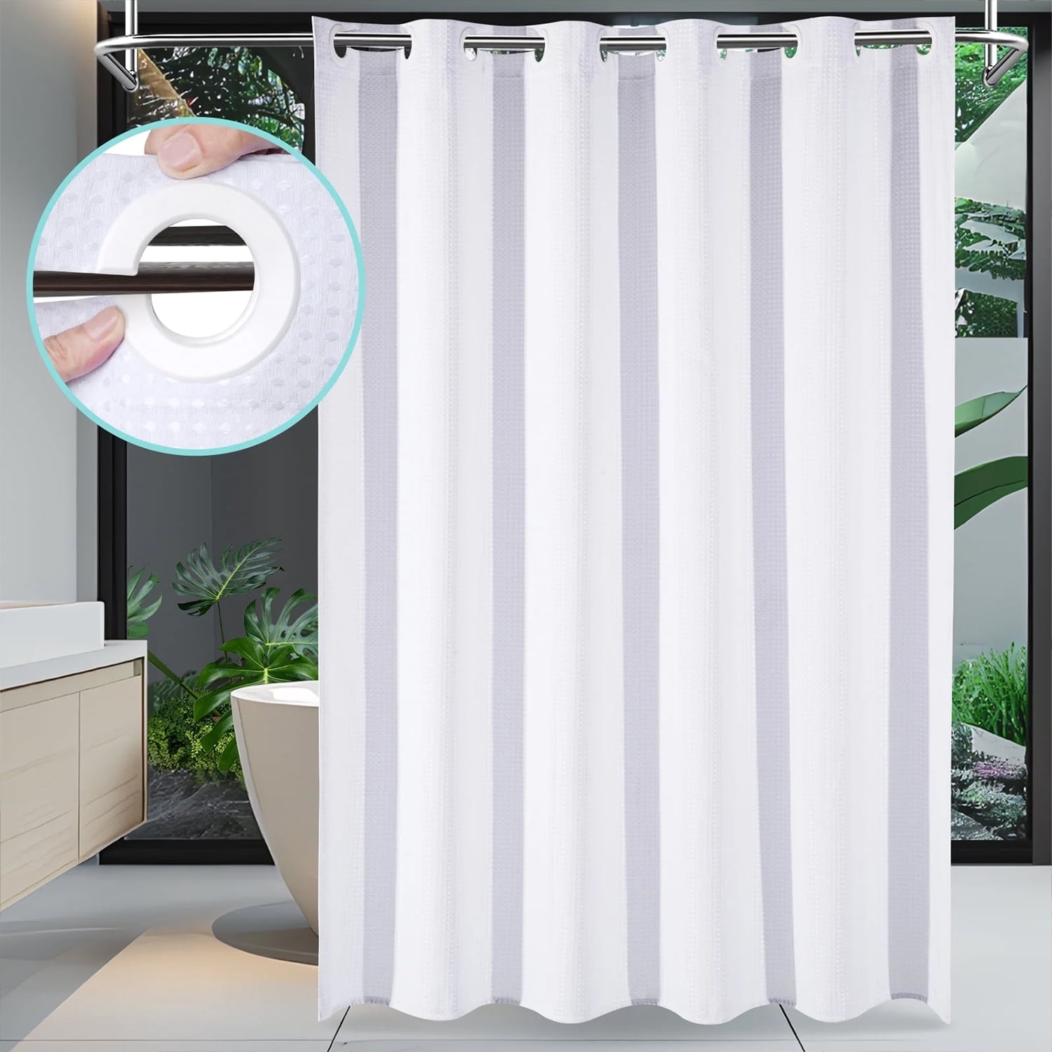 Waffle Weave Shower Curtains, No Hook Shower Curtains for Bathroom, DawnJoanHD White Polyester Fabric Shower Curtain with Built-in Rings, 72" x 74"