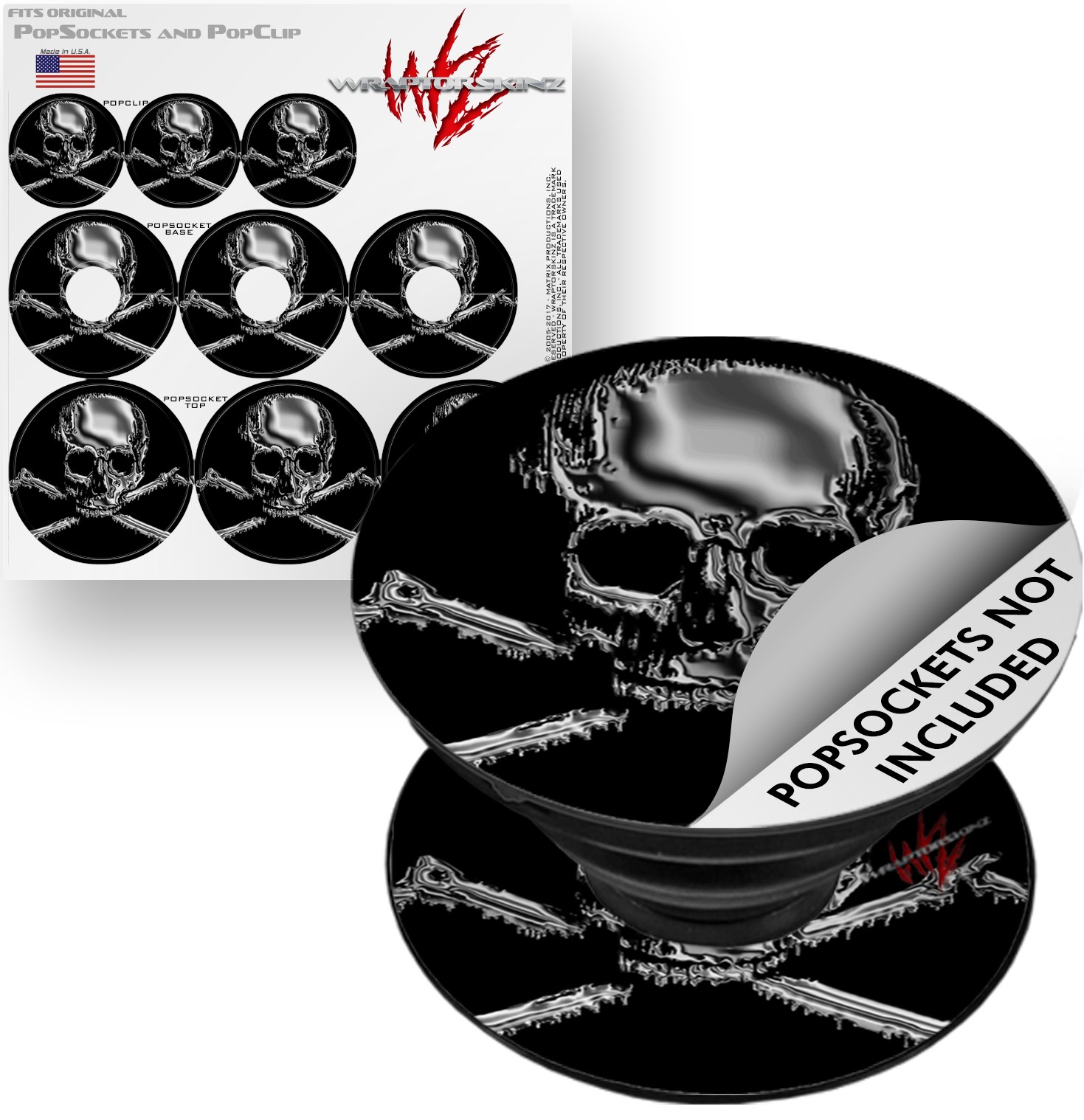 Decal Style Vinyl Skin Wrap 3 Pack for PopSockets Chrome Skull on Black (POPSOCKET NOT INCLUDED) by WraptorSkinz
