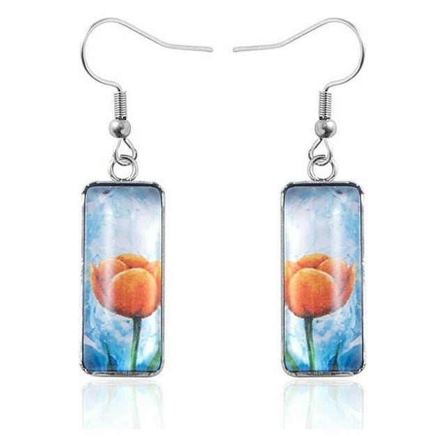 FeiraDeVaidade Tulip Flower Earrings Time Stone Bar Glass Pendant