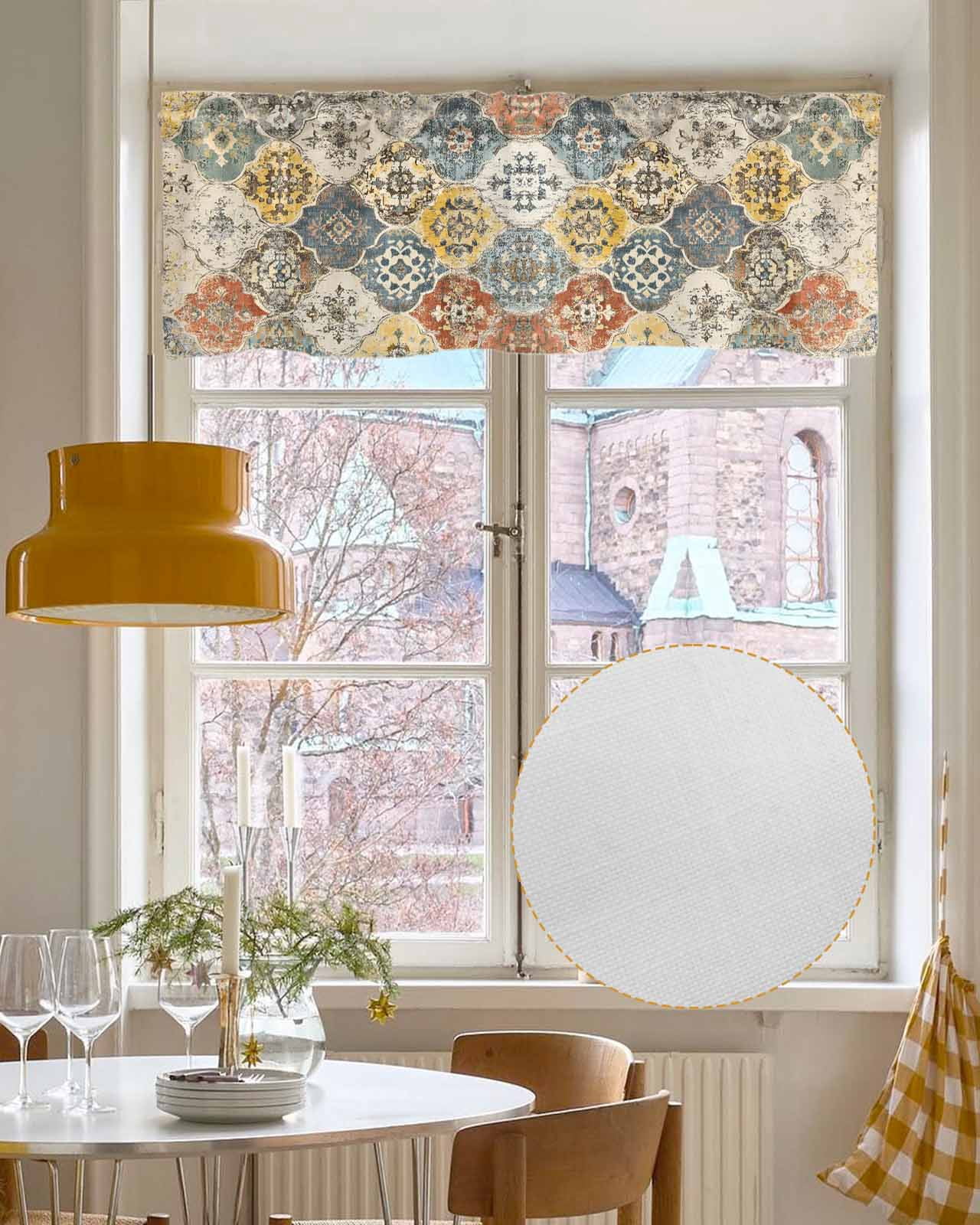 Vintage Boho Kitchen Valances for Windows Farmhouse Linen Window Valance Curtain for Living Room Window Treatment Chic Farmhouse Neutral Morocco Geometric Valance Rod Pocket Topper, 60 x 18 Inch