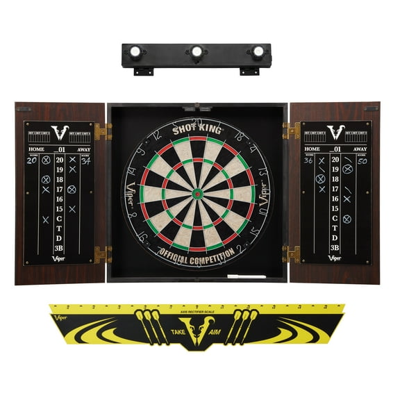 Viper Stadium Dartboard Cabinet w/ Shot King Sisal Dartboard and Shadow Buster Light, Mahogany