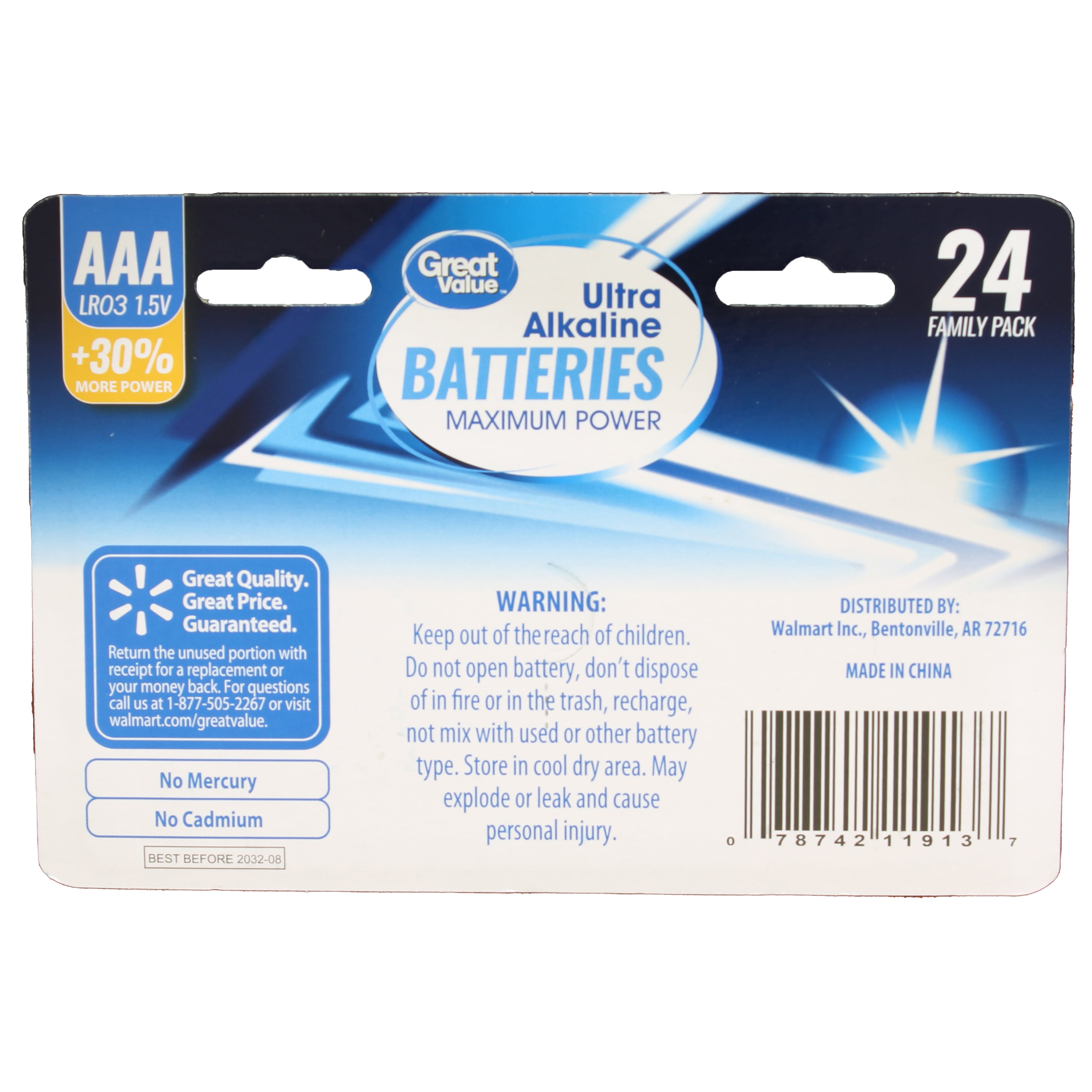 Great Value Alkaline AAA Batteries, 24 Count