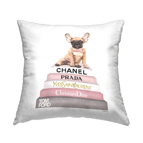 Stupell Industries Trendy Dog Atop Glam Brand Bookstack Design by Amanda Greenwood Throw Pillow