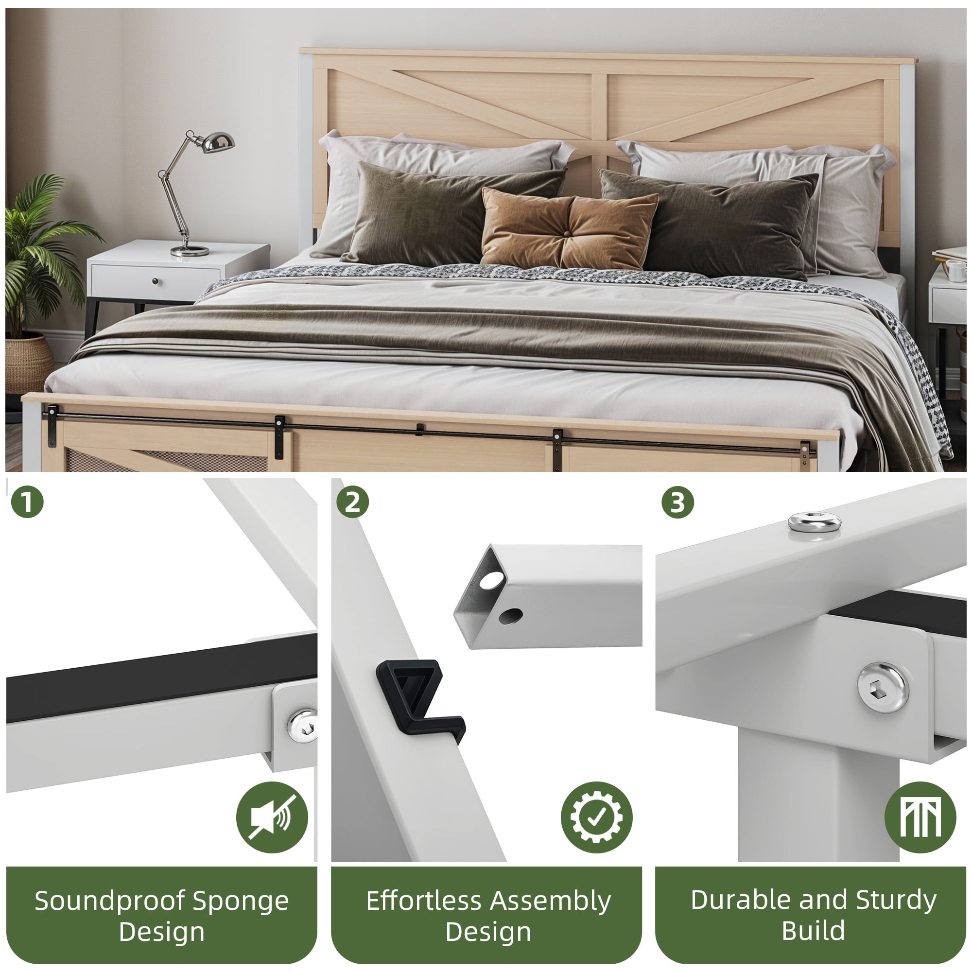 Uforic Bed End Barn Door King Size Bed Frame with Headboar Storage, Steel Mesh Door & Sturdy Construction, Oak