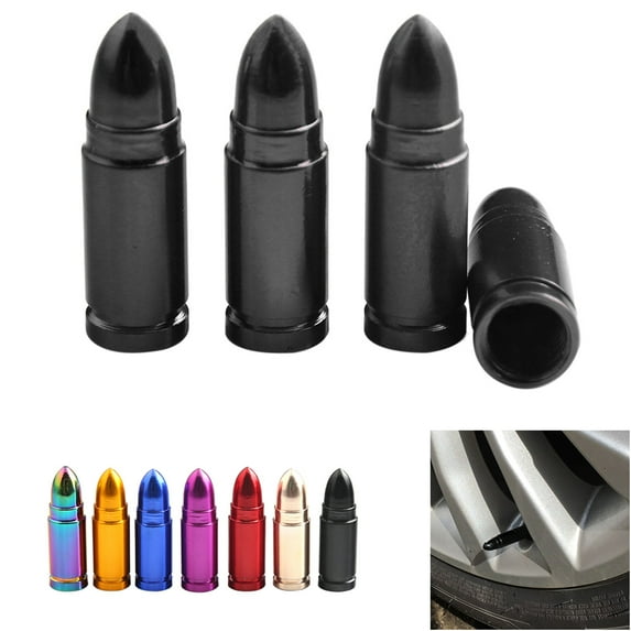 Bullet Type Aluminum Alloy Valve Caps Standard Black Tyre Valve Dust Caps for Car, Motorbike, Bike and Bicycle, 4 Pack