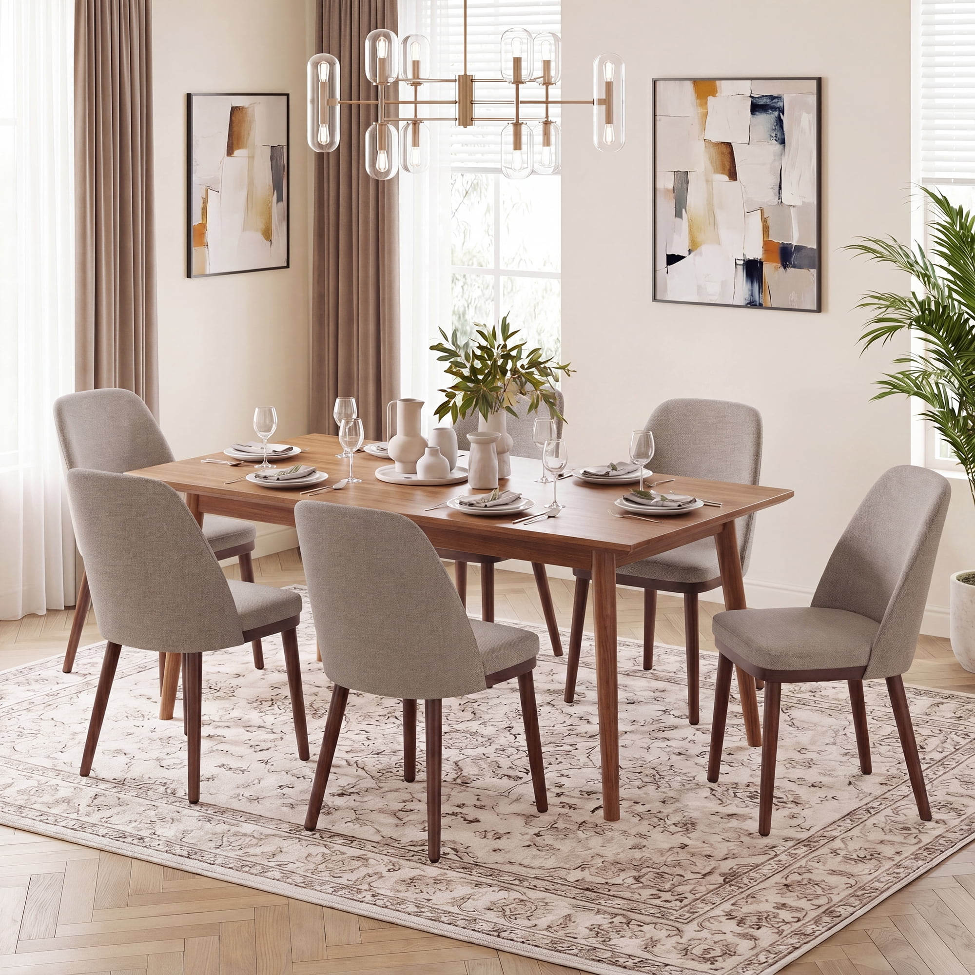 Modern Upholstered Dining Chairs Set of 2 — Fabric Padded Side Chairs with Solid Wood Legs for Kitchens and Dining Rooms, Camel