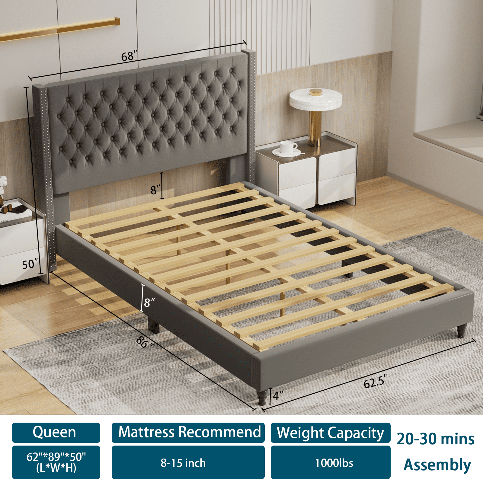 Nathaniel Home Queen Beds, Upholstered Tufted Bed, Platform Bed Frame with Diamond Low Profile Platform Beds Strong Wooden Slats, Adult Size Gray