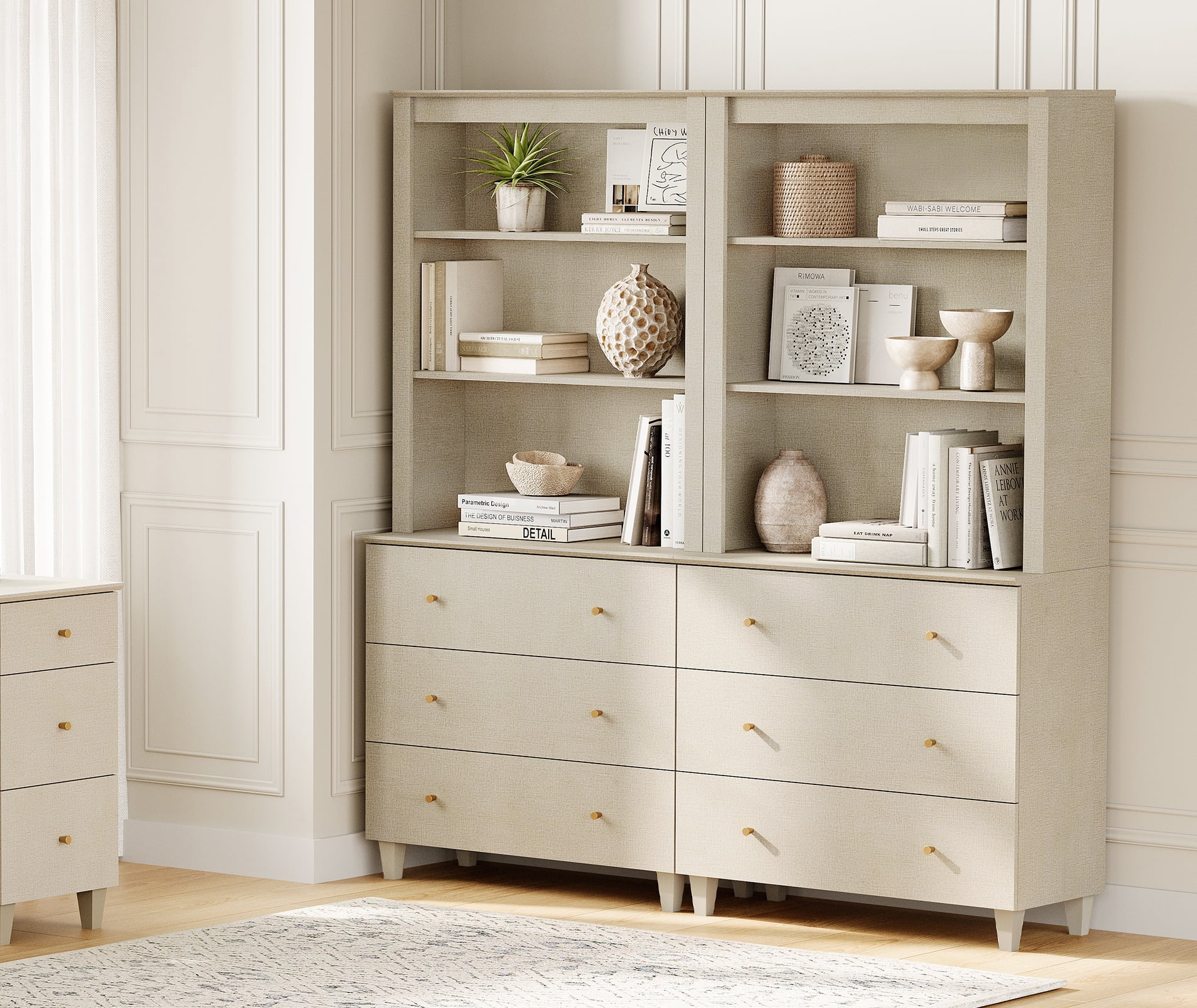 Modern 71" Tall Bookcase with 6 Drawers, 2 Columns 3-Tier for Home Office,Beige Linen Printed