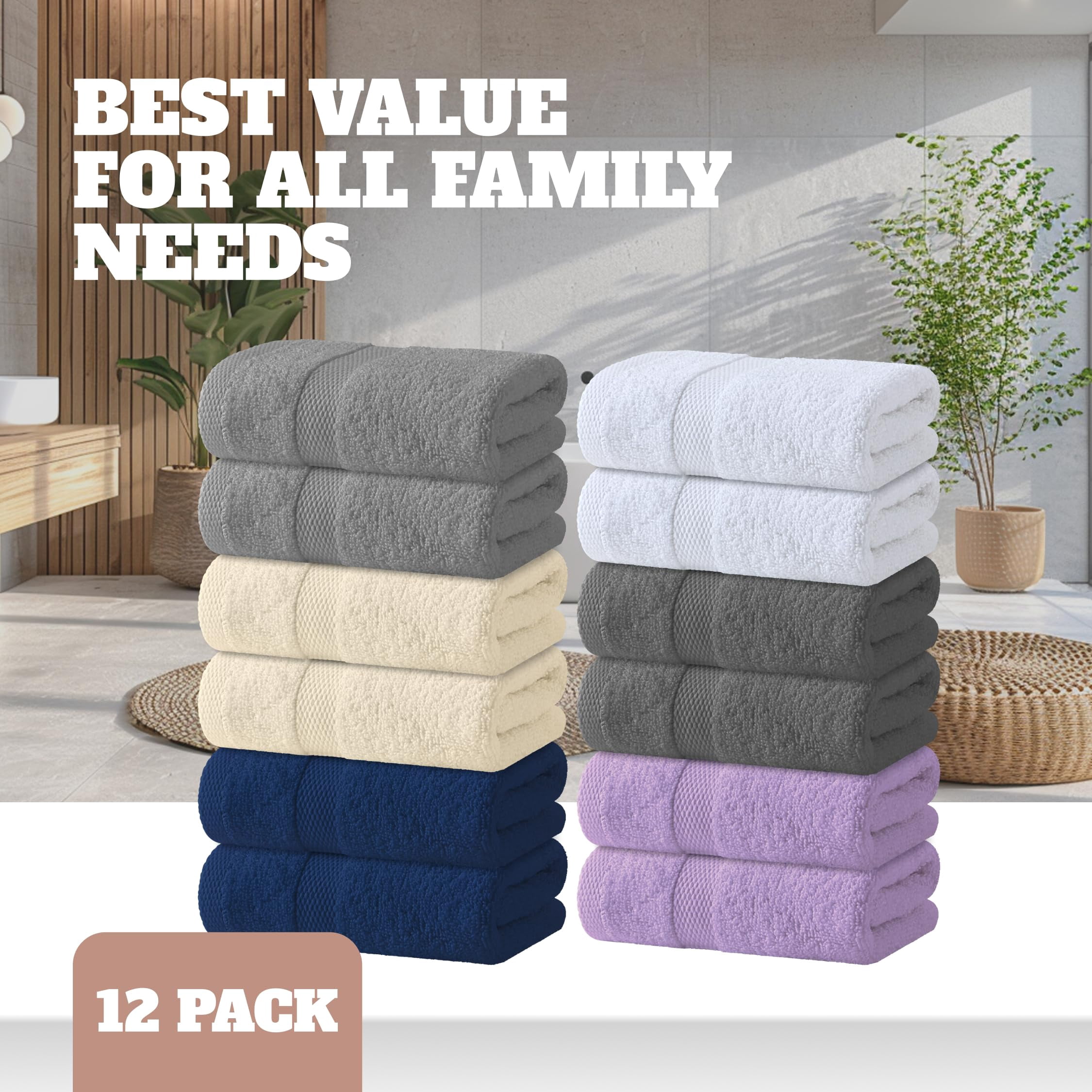 (2 pack) White Classic Wealuxe Collection 100% Cotton Hand Towels, Multicolor, 16 x 27, 12 Pack