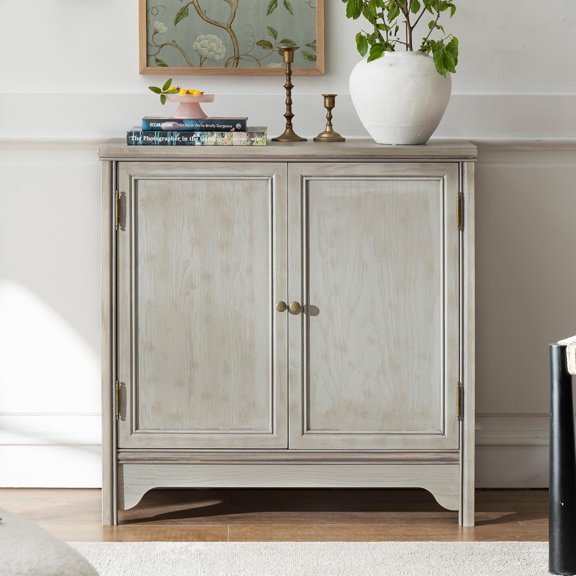 ANHDAH Vintage Solid Wood Buffet Cabinet - Natural Veneer, Water-Based Paint, 2 Doors & Shelves for Dining Room, Entryway Storage