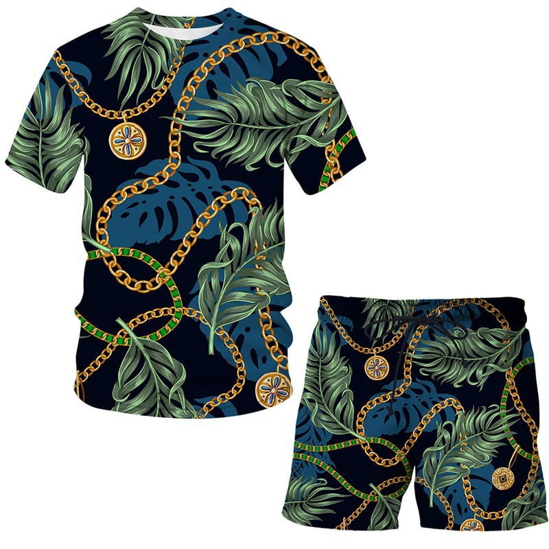 Track Suits For Men Set Gold Chain 3D Digital Printing Shorts Tracksuit