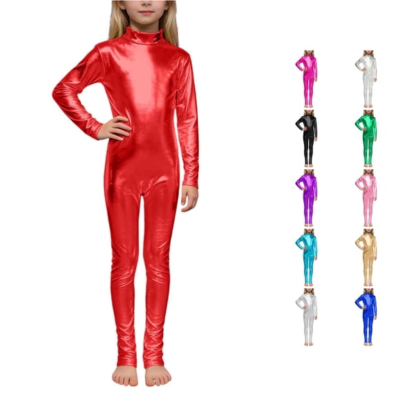 WhouRiu Girls Athletic Long Sleeve Jumpsuit Solid Color High Neck Leotard Kids Comfortable Breathable Cute Dance Performance Onesies,7-9 Years