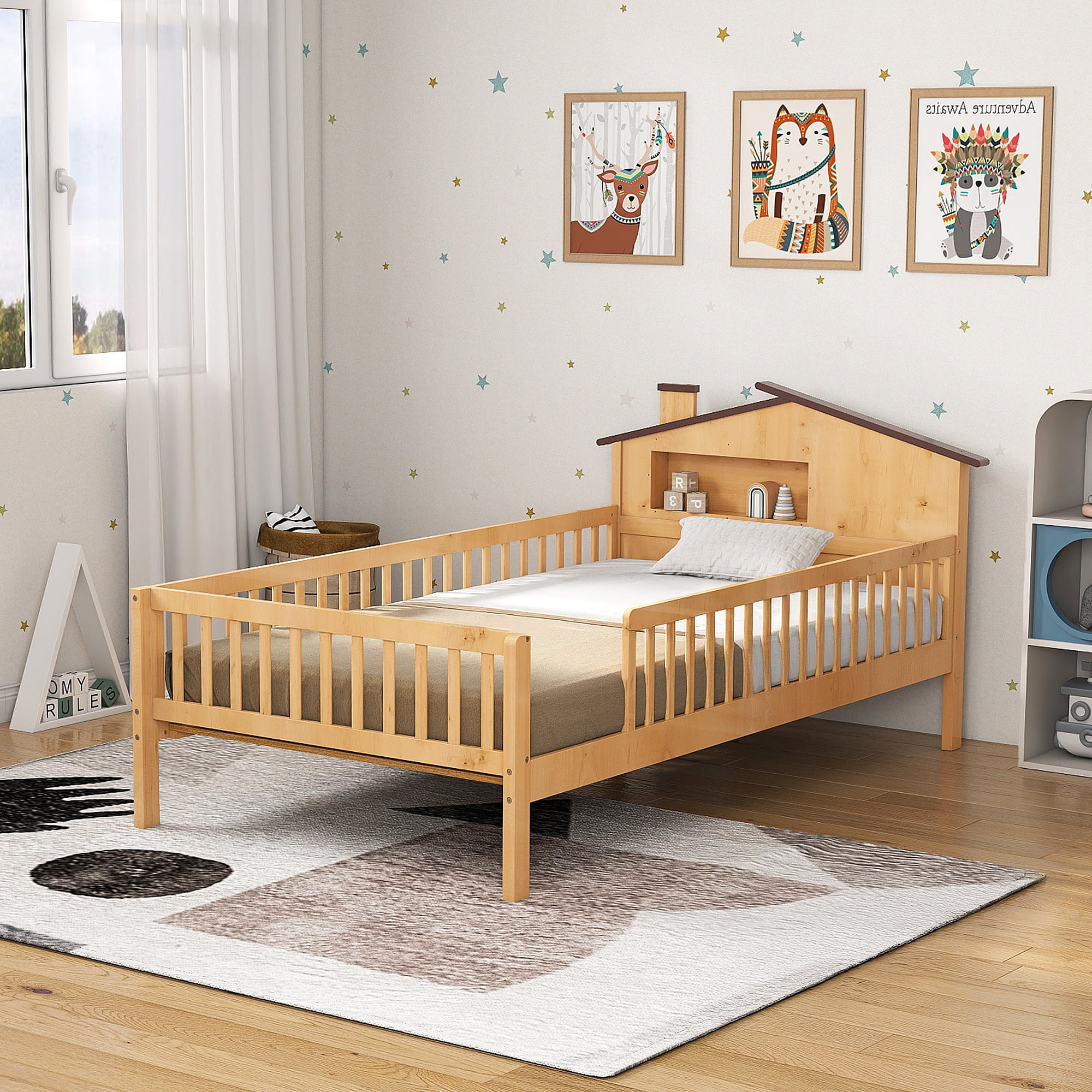 Twin Size Bed Frame with Storage- Twin Bed Frame with Solid Wood House Headboard & Safety Guardrails, No Box Spring Needed