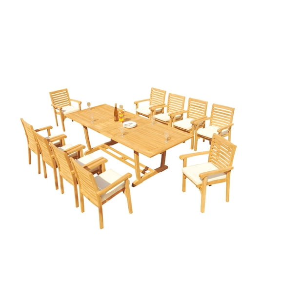 Grade-A Teak Dining Set: 10 Seater 11 Pc: 94" Mas Rectangle Trestle Leg Table And 10 Hari Stacking Arm Chairs Outdoor Patio WholesaleTeak #51HR2111