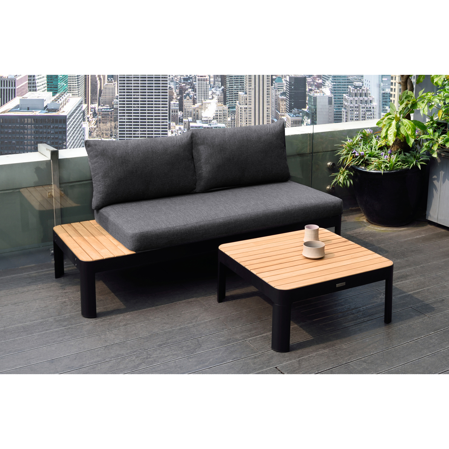 Portals Outdoor Square Coffee Table in Black Finish with Natural Teak Wood Top - image 3 of 6
