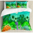 thumbnail image 1 of Nursery Duvet Cover Set Queen Size, Funny Dinosaurs and Tropical Rainforest Cartoon Jungle Green Landscape Kids Theme, Decorative 3 Piece Bedding Set with 2 Pillow Shams, Multicolor, by Ambesonne, 1 of 3