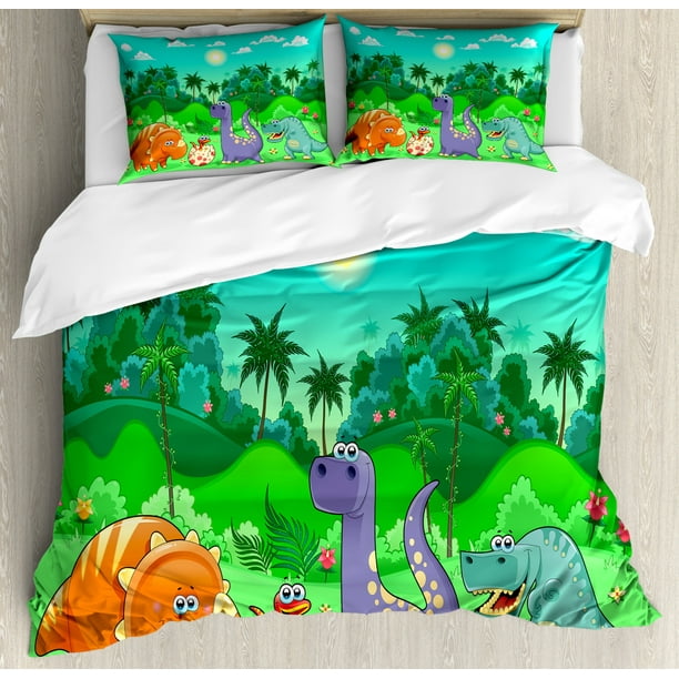 Nursery Duvet Cover Set Funny Dinosaurs And Tropical Rainforest