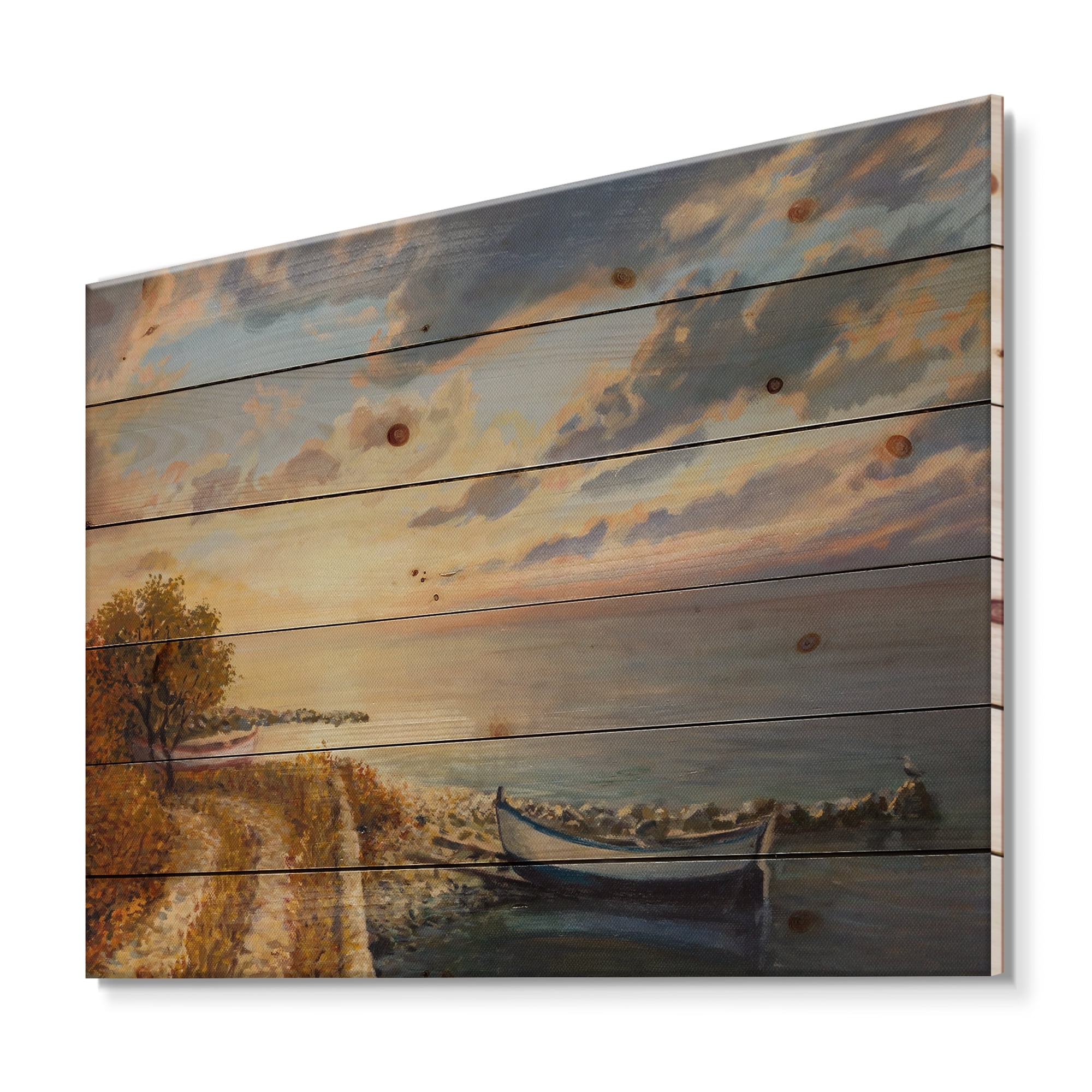 Designart 'Romantic Morning By The Sea' Nautical & Coastal Print on Natural Pine Wood