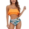 thumbnail image 2 of Traje de baño para mujer, 2 piezas, tirantes finos, dobladillo con volantes, elástico, fruncido, acolchado inalámbrico, traje de baño naranja XL, 2 of 6