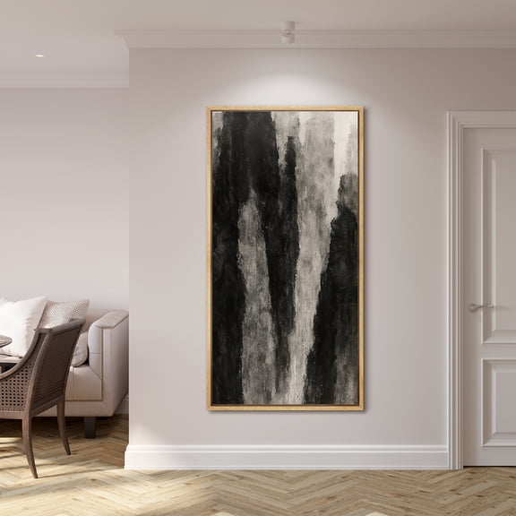 Large Framed Canvas Print Black Gray Abstract Modern Wall Art Neutral Decorative for Living room Bedroom - 60"x30" Natural Frame
