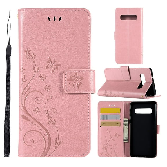 S10 Plus Case, Samsung Galaxy S10 Plus Case - Allytech Premium Wallet PU Leather with Fashion Embossed Flower Magnetic Clasp Card Holders Flip Cover with Hand Strap, Rosegold