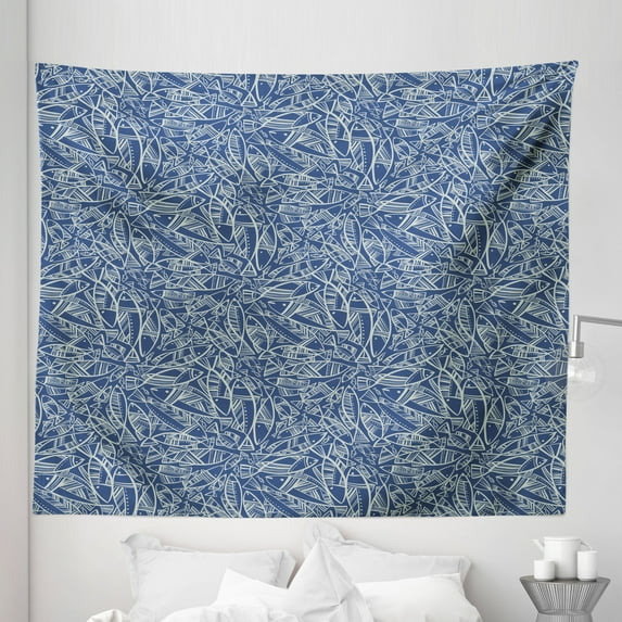 Ocean Blue Tapestry, Line Art Folk Style Ornamented Scales Fish Geometry Art, Fabric Wall Hanging Decor for Bedroom Living Room Dorm, 5 Sizes, Dark Lavender Pale Grey, by Ambesonne