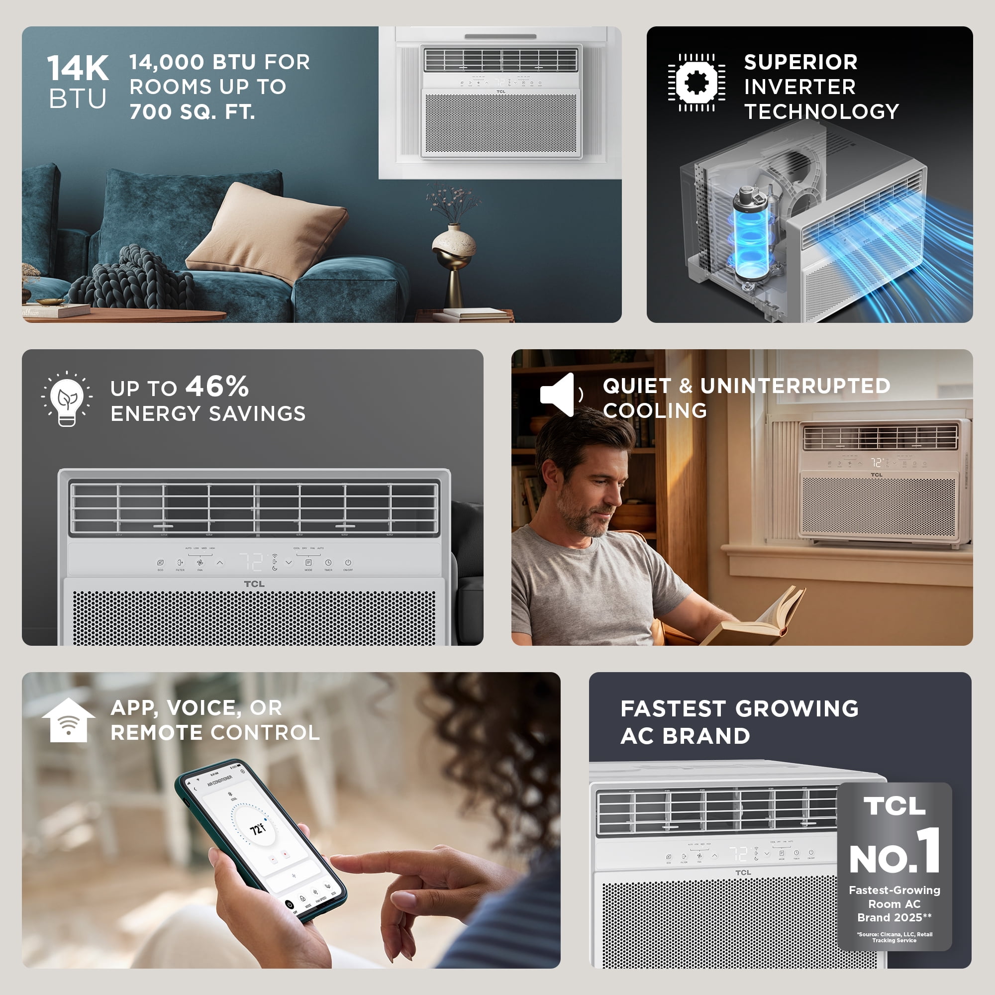 TCL 14,000 BTU Smart Inverter Window Air Conditioner (White) - 700 Sq ft with up to 46% Energy Savings, Quiet Cooling Tech, 3-in-1 Cooling, Fan & Dehumidifier, Matter Wi-Fi, Remote Control - W14WC72