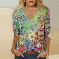 thumbnail image 3 of IROINNID Savings Women's Long Sleeve V-Neck Shirts Leisure Printing Loose T-shirt 3/4 Sleeves Blouse V-Neck Tops,Green, 3 of 5