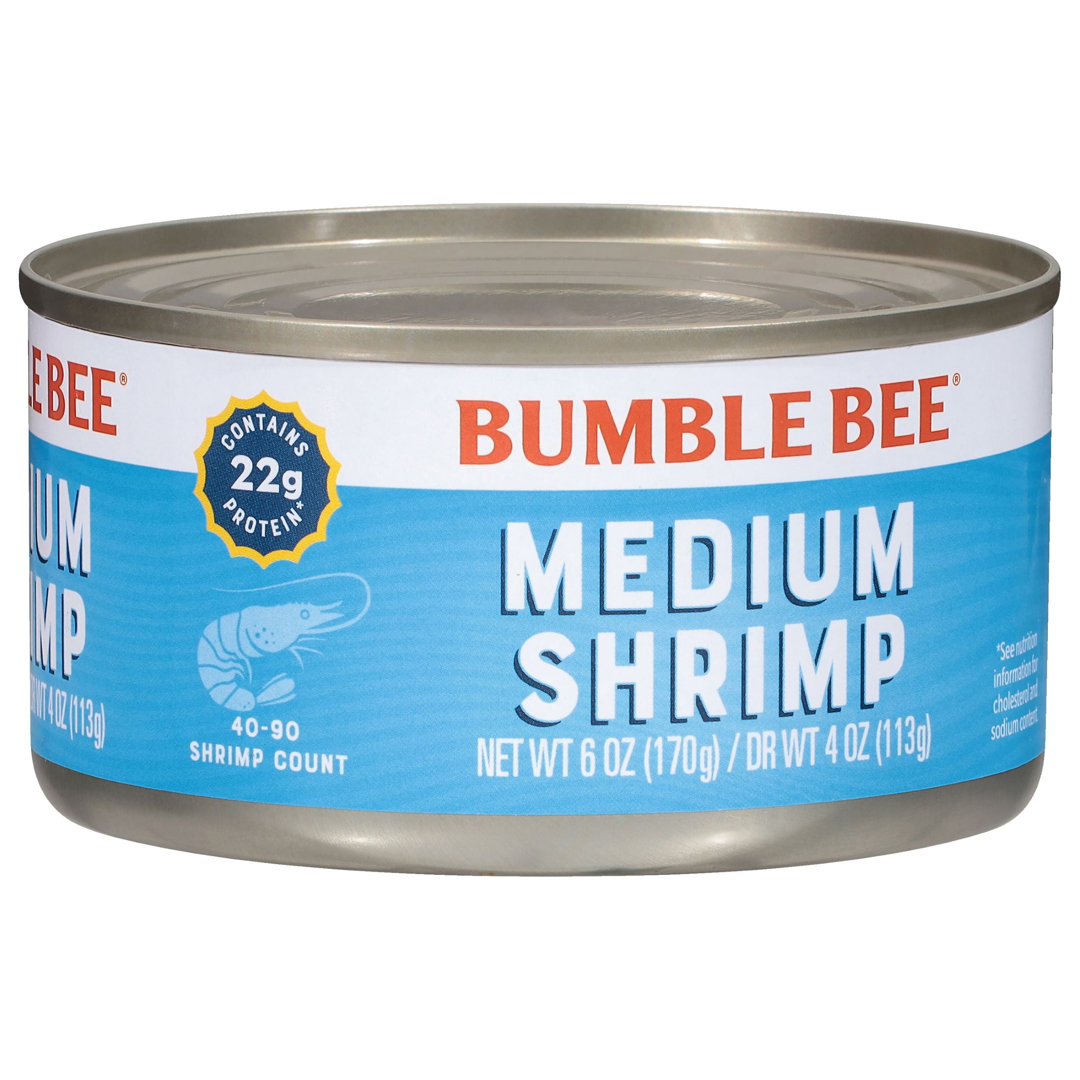 (2 pack) Bumble Bee Medium Canned Shrimp, Gluten Free, 22g Protein Per Serving, Ready to Eat, Shelf Stable Can, 6 oz