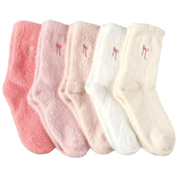 5 Pairs Fluffy Cosy Socks Ladies With Bow, Warm Winter Socks, Thick Furry Socks For Home, Winter Thermal Socks Ladies, Soft Sleep Socks