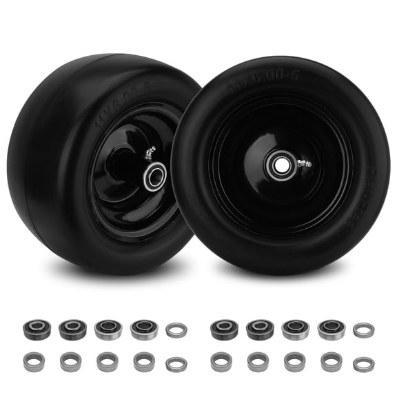 11x6.00-5 Flat Free Lawn Mower Tire Wheel with Rim, 5.8"–10.4" Centered Hub, 1/2" & 5/8" & 3/4" Bearings, 450 lb Capacity Tractor Turf Tire, 2 Pack Black