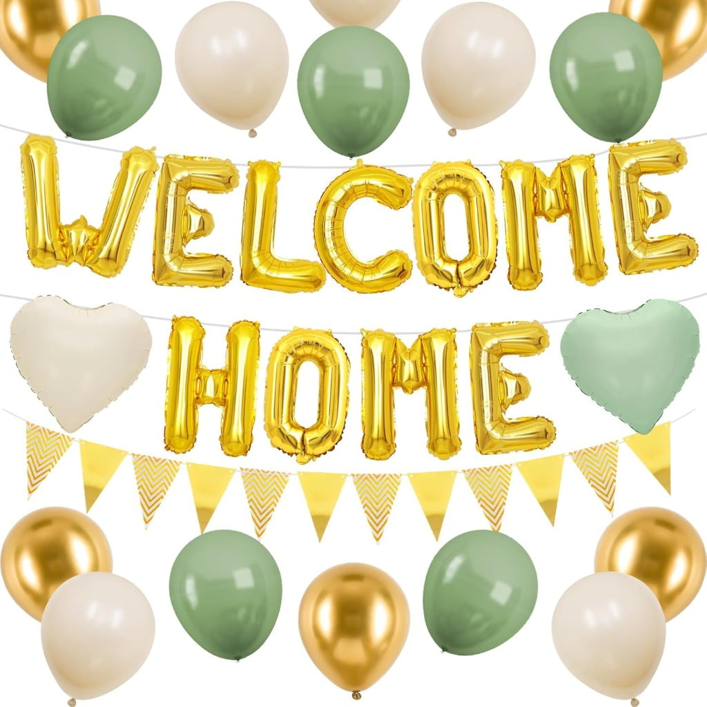Welcome Home Decorations Green Gold Gold Welcome Home Foil Balloon Banner with Sage Green White Heart Balloons Pennant Flag Bunting for Housewarming Baby Shower Home Family Party Supplies