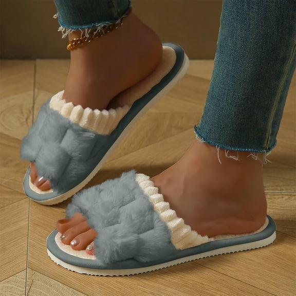 Fuzzy Slippers for Women Cross Band Faux Fur Fuzzy Slippers Open Toe Slippers Indoor Home Bedroom Spa Lounge Travel Cozy Winter Warm Footwear