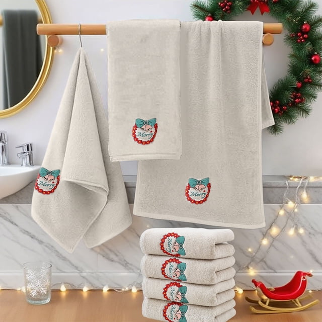 Christmas Themed Embroidered Cotton Towels Set, Holiday Bath Towel Collection for Home Decor, Soft Absorbent Quick Dry Kitchen Hand Towels, Festive Spa Luxury Bathroom Towel Set for Adults