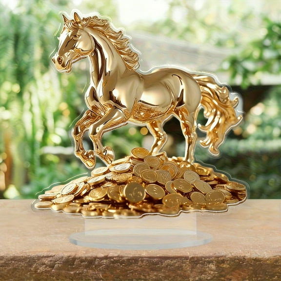 Gold Horse Ornament under $5! Yannianjz 2D Acrylic Horse Ornament, Gold Horse Coin Decor for Wealth and Success, Year of the Horse Spring Festival Decoration, Desktop Tabletop Ornament