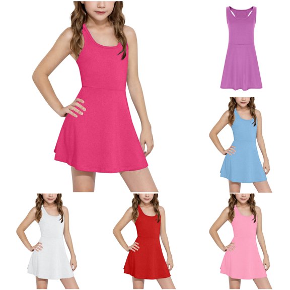 SUXIAN Toddler Dresses Summer Sleeveless Solid Color Slim Fit Tennis Casual Outdoor Play Comfortable Kids Dress for Girls RD3 12-13 Years