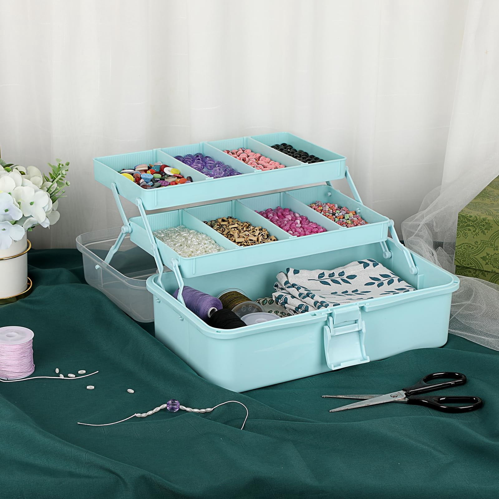 3-layer Plastic Dividing Storage Box Craft Organizer And With Adjustable Spacers Portable Handled Art Supply Multipurpose Home Utility For  Sewing(blue)