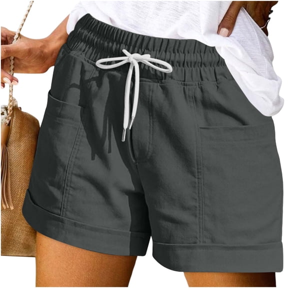 Pounoo Shorts for Women Elastic Drawstring Waist Roll Cuff Patch Pocket Plain Detail Relaxed Fit Shorts Beach Walk Wrinkle Resistant Cargo Shorts Women Gift