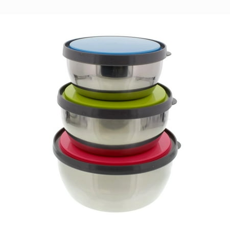Chetfor Set of 3 Portable Organizers Mixing Bowls Stainless Steel Lunch Box and Food Storage Containers with Color Plastic Lids for Kitchen, Camping, Lunch and Office 3