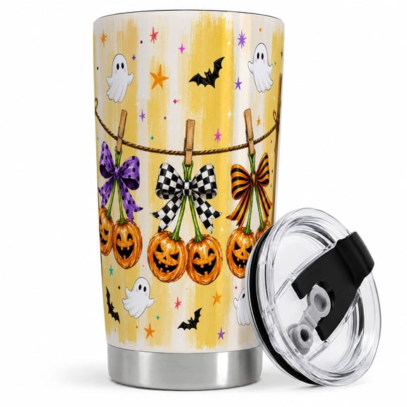 Pumpkin Clothesline Tumbler, 20oz Insulated Drinkware for Halloween Fans Stainless steel insulated tumbler with lid, hanging pumpkin bows and ghost art for water, iced coffee, tea, or office