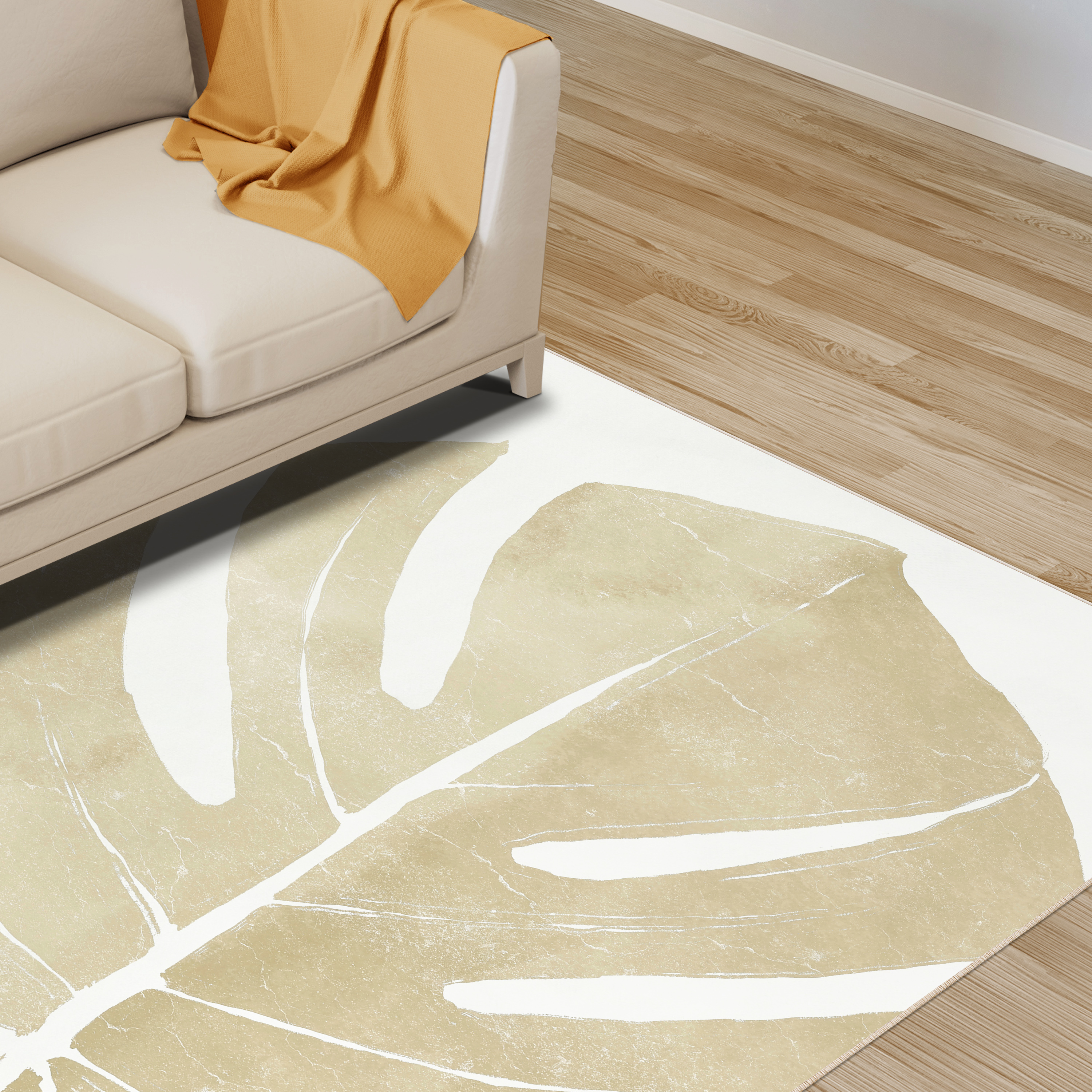 Neutral Tropico No. I Washable Leaf Art Area Rug size 5'x8', Power-loomed, Heavenly Softness with Non-Slipping Backing
