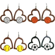 4-6PCS Pro Handmade Wooden Sports Ball Earrings designed for Women Lightning Heart Shaped Hollow Teardrop Dangle Drop Earring Rugby Baseball Soccer Volleyball Dangle Earrings Jewelry[e833]