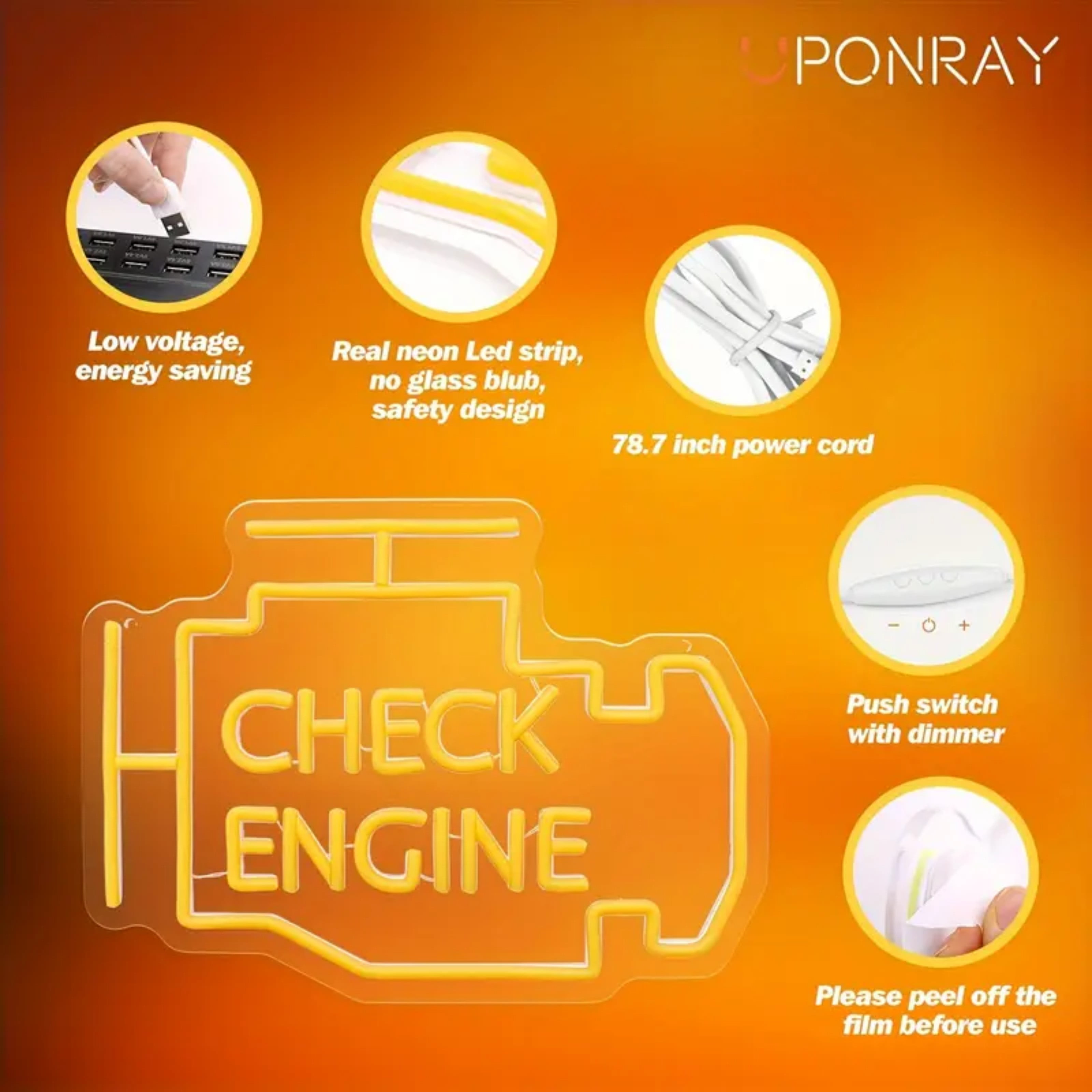 UPONRAY Check Engine Neon Signs, 13.7'*10' Dimmable & USB-Powered LED Neon Light, Stylish Wall Decor for Man Cave, Garage, Workshop(LED Strip Letters)