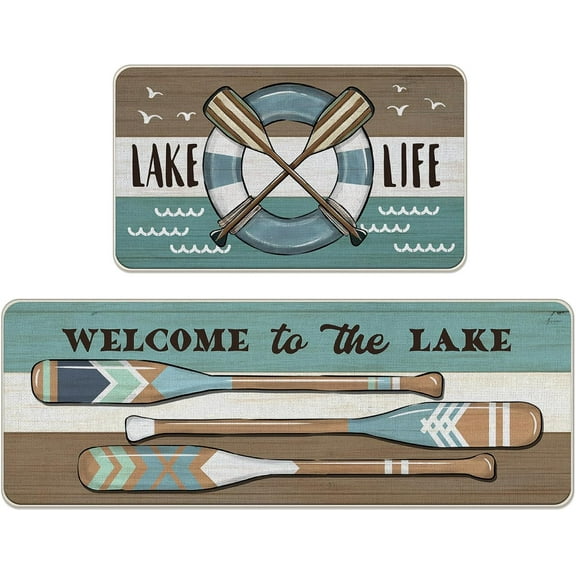Lake Life Spring Summer Boat Paddle Kitchen Rugs Set of 2, Welcome to The Lake Lakehouse Stripes Kitchen Mats Decor, Farmhouse Rustic Floor Door Mat Home Decorations -17x30 and 17x47 Inch