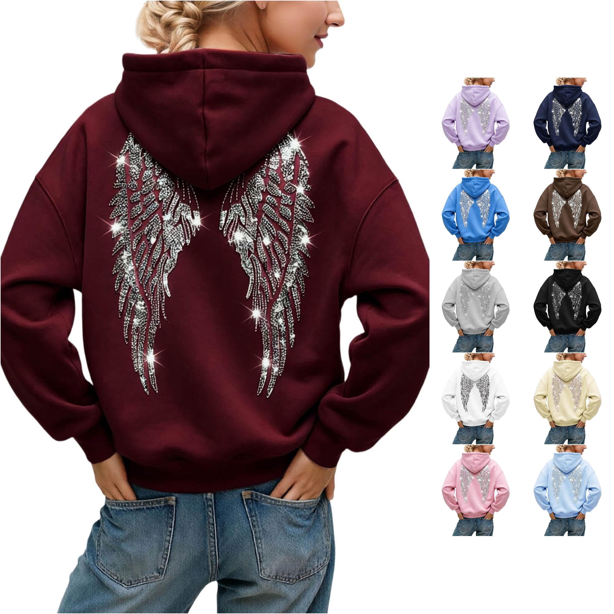 Gift for Women Elegant Embroidered Hoodie For Cozy Winter Casual Sweatshirt With Minimalist Solid Tone Women Pullover Crew Neck Long Sleeve Streetwear Wine XS
