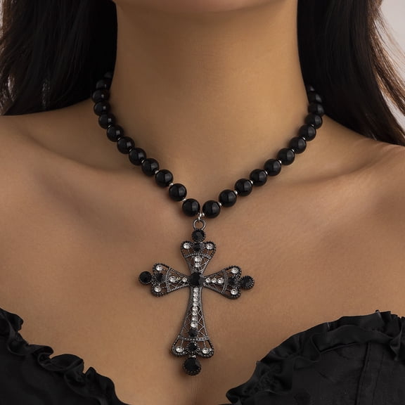 NICKSUN Vintage Filigree Cross Pendant Pearl Beaded Choker Necklace, Gothic Multi-Layer Imitation Pearl Chain Necklace